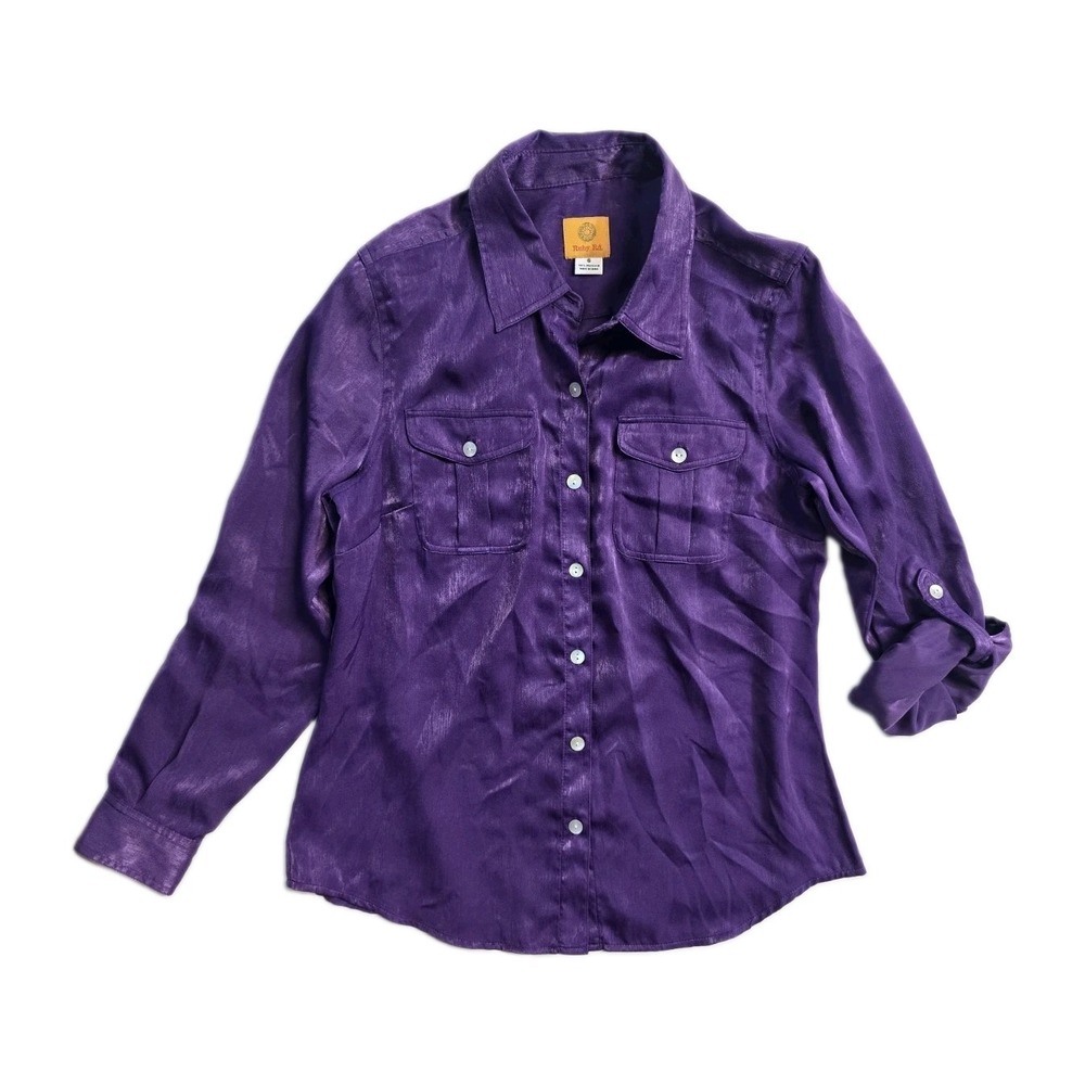 Ruby Rd Women Blouse Button Front Purple Sheen Iridescent Pockets 6